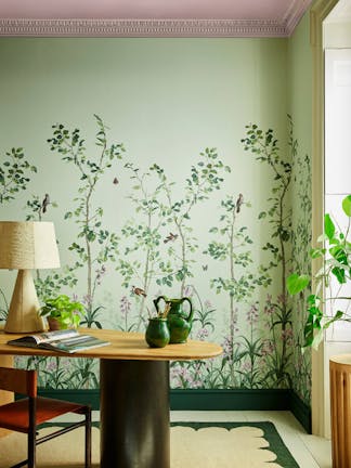 Bird and Bluebell – Pea Green, Ceiling: Dorchester Pink, Window Frame: Green Stone - Light, Skirting: Puck